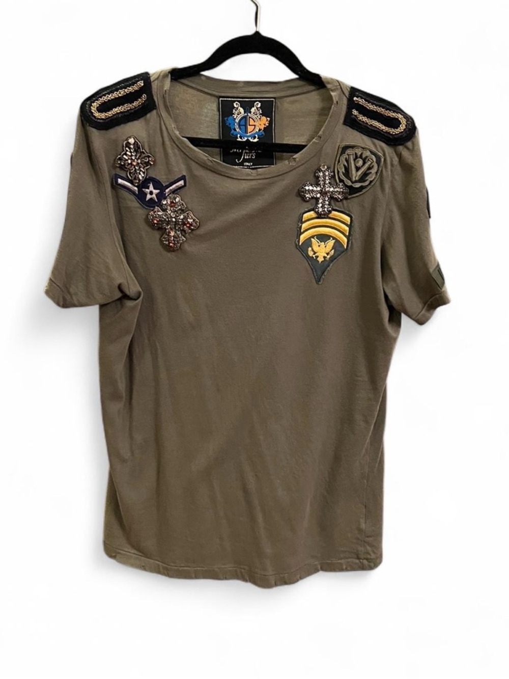 Mr & Mrs Furs Italy Olive Green Embellished Military Patch Tee S khaki army